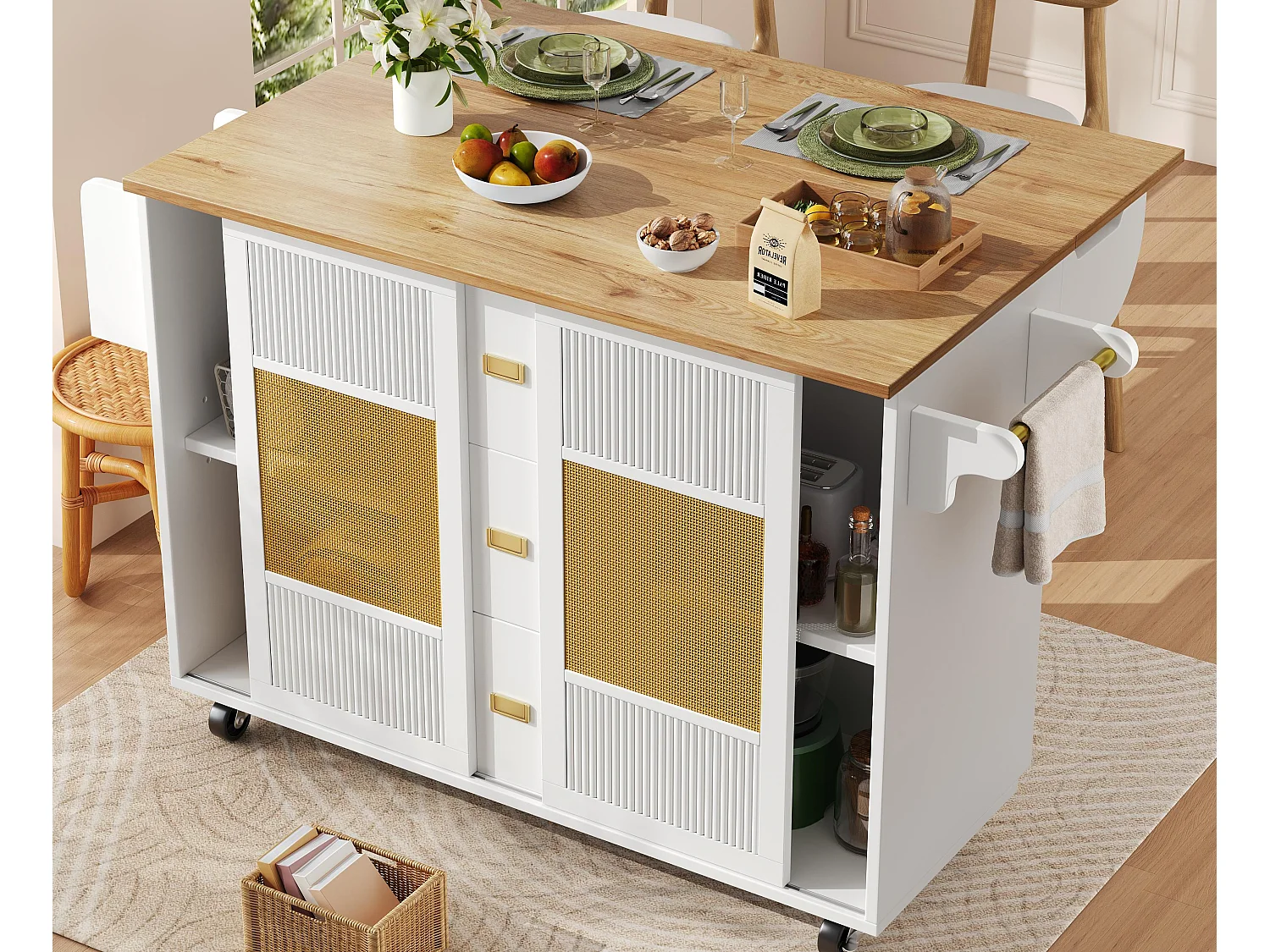 Ilot central de cuisine mobile 146.85x70x90cm - 3 tiroirs et 2 portes - plateau extensible - blanc