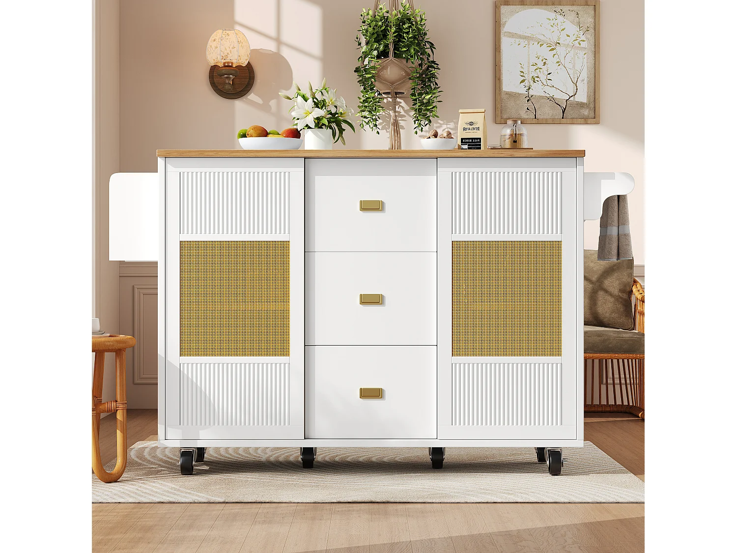 Ilot central de cuisine mobile 146.85x70x90cm - 3 tiroirs et 2 portes - plateau extensible - blanc