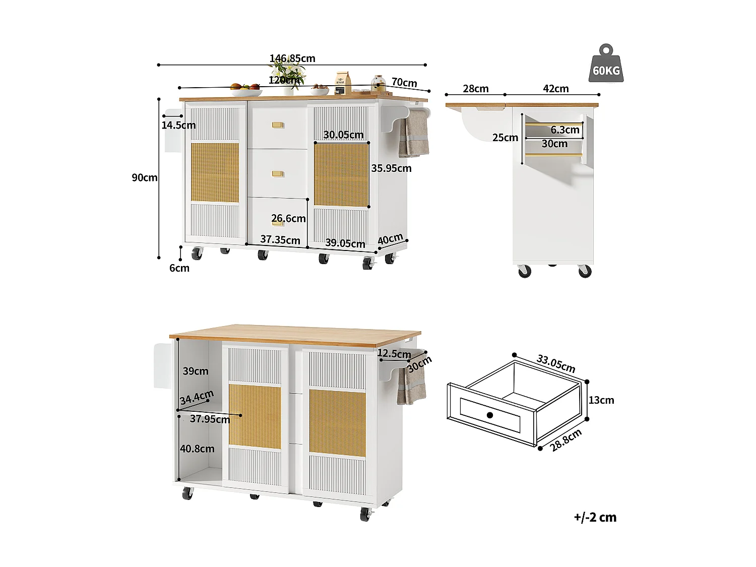 Ilot central de cuisine mobile 146.85x70x90cm - 3 tiroirs et 2 portes - plateau extensible - blanc