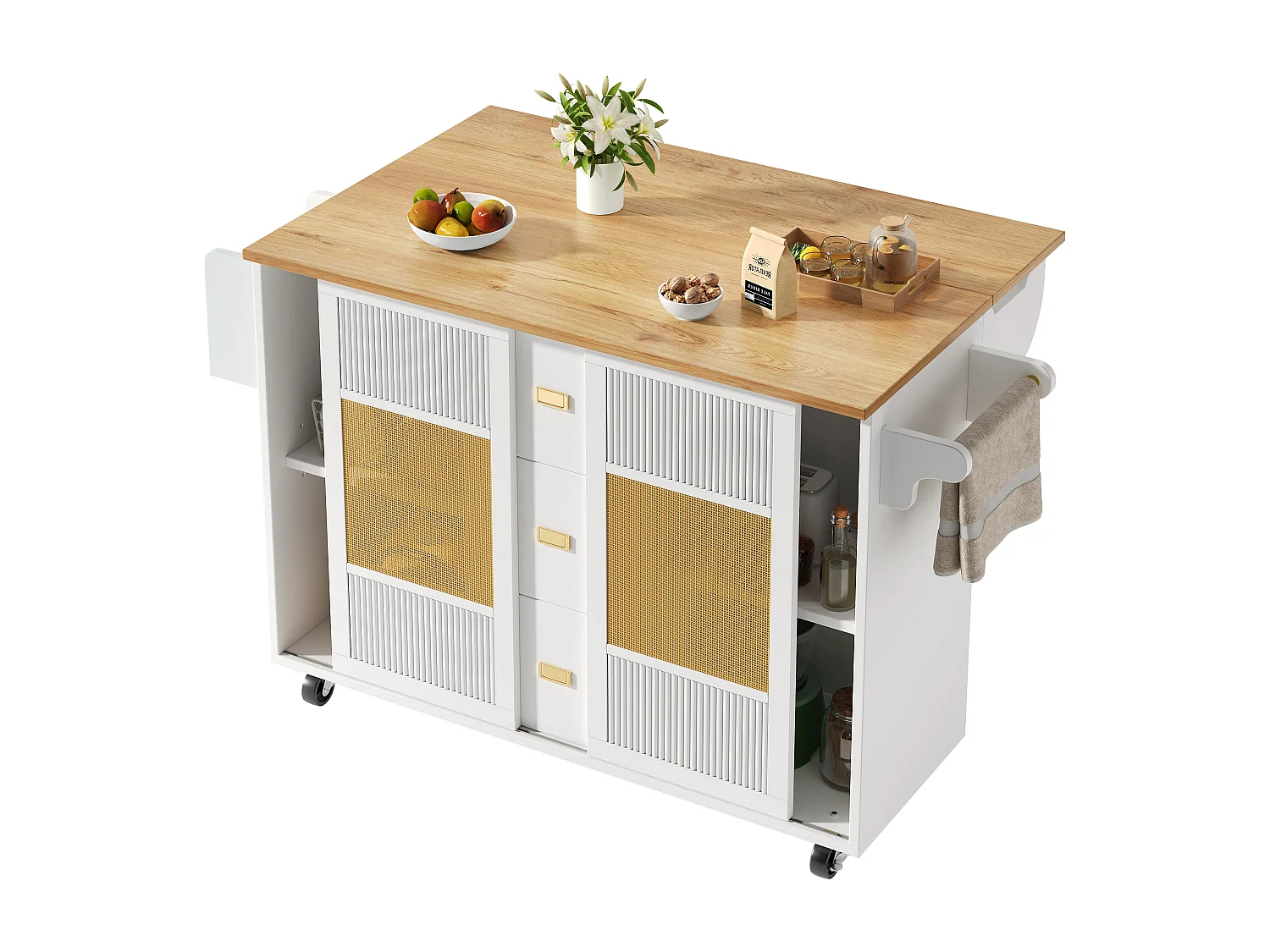 Ilot central de cuisine mobile 146.85x70x90cm - 3 tiroirs et 2 portes - plateau extensible - blanc
