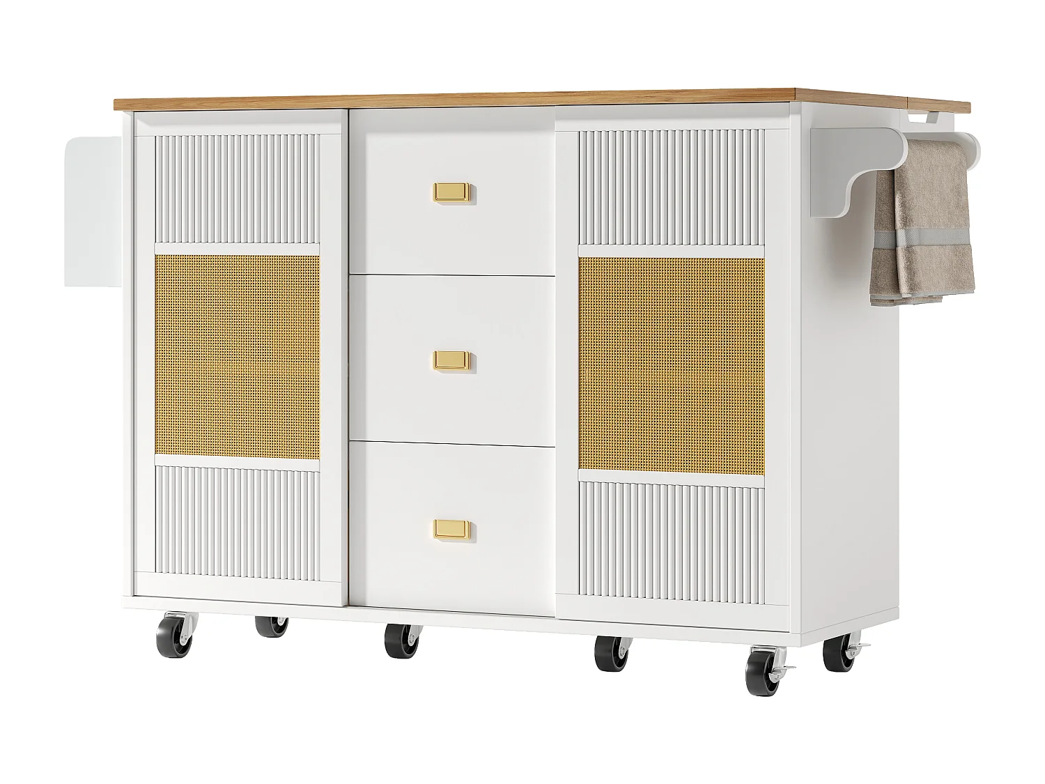 Ilot central de cuisine mobile 146.85x70x90cm - 3 tiroirs et 2 portes - plateau extensible - blanc