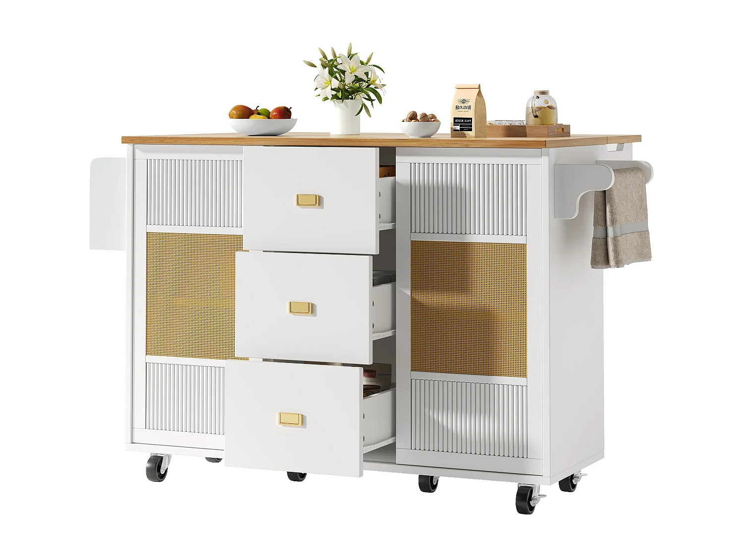 Ilot central de cuisine mobile 146.85x70x90cm - 3 tiroirs et 2 portes - plateau extensible - blanc