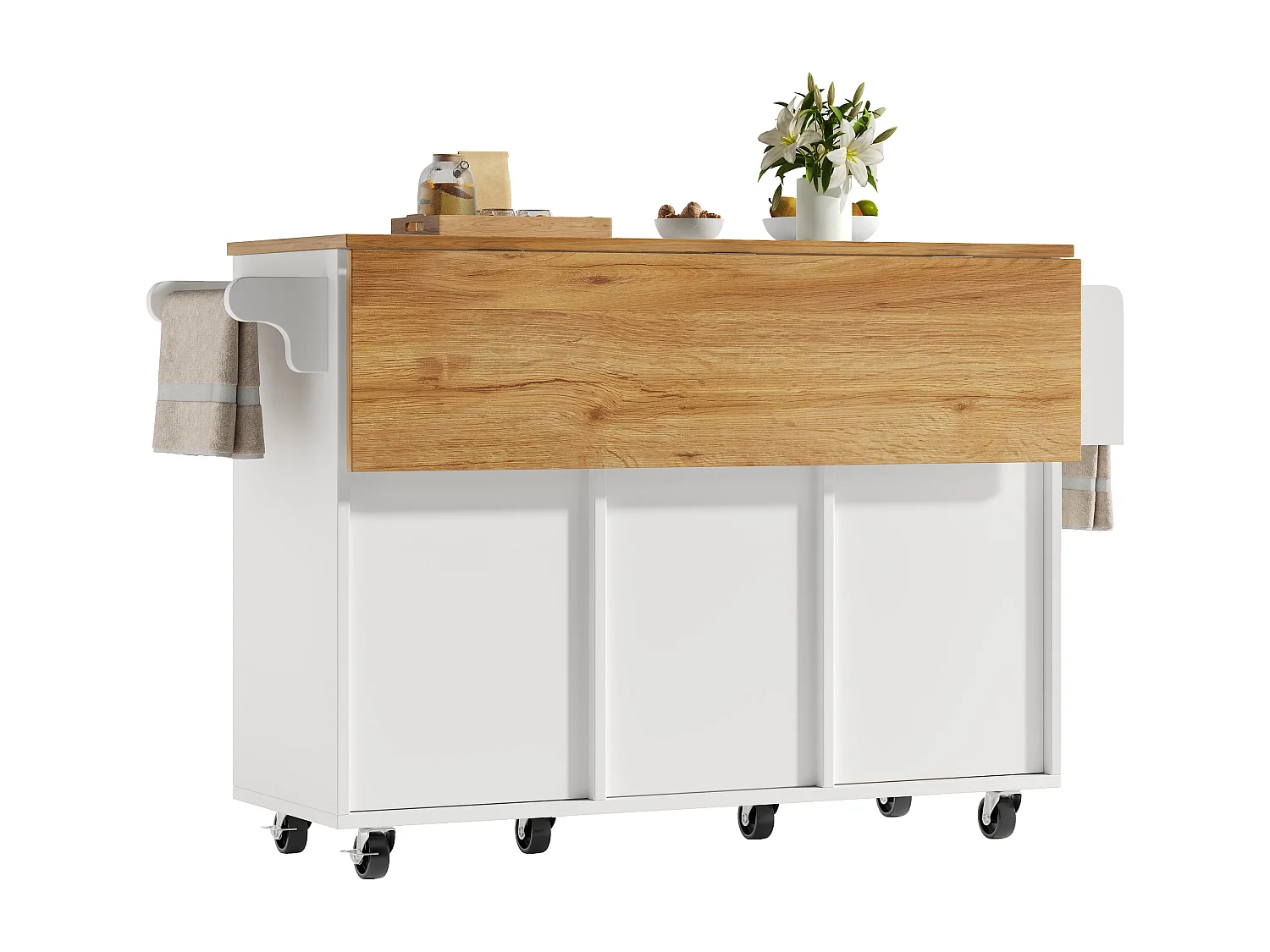 Ilot central de cuisine mobile 146.85x70x90cm - 3 tiroirs et 2 portes - plateau extensible - blanc