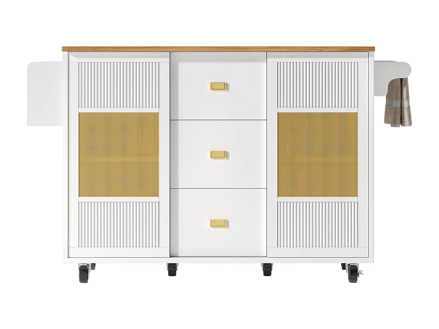 Ilot central de cuisine mobile 146.85x70x90cm - 3 tiroirs et 2 portes - plateau extensible - blanc