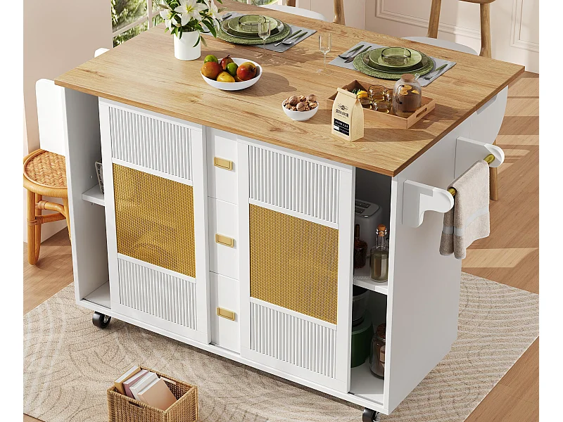 Ilot central de cuisine mobile 146.85x70x90cm - 3 tiroirs et 2 portes - plateau extensible - blanc