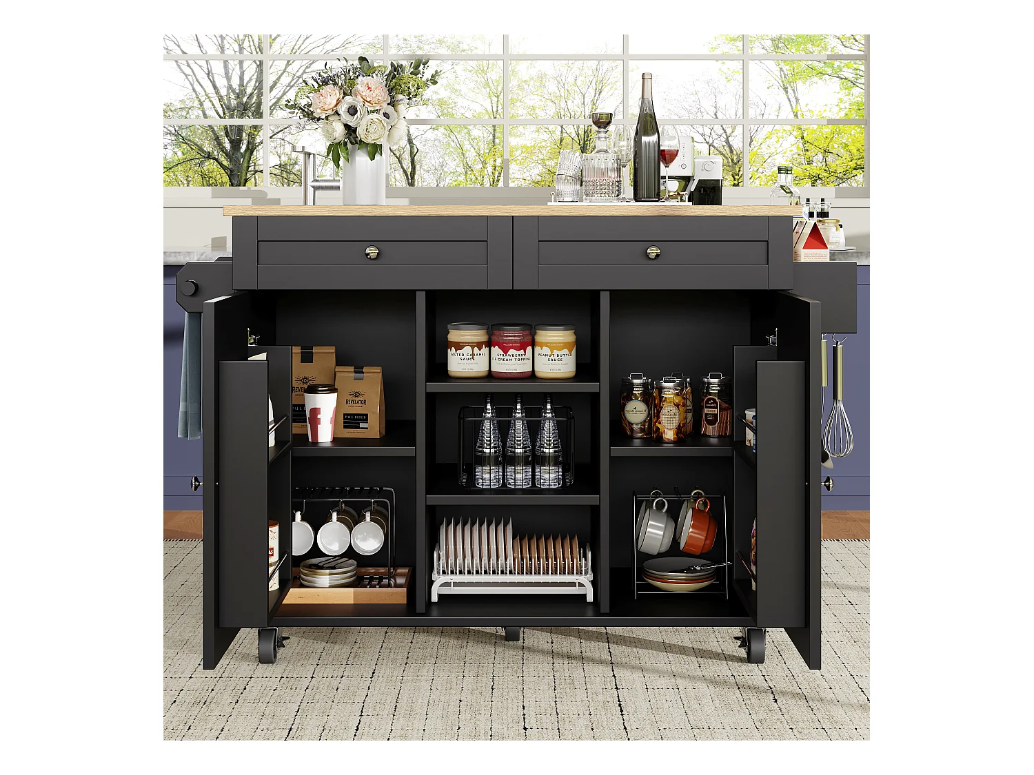 Ilot central de cuisine moderne 134x45.2x89cm - 2 tiroirs et 2 portes - plateau extensible - avec roulettes - noir