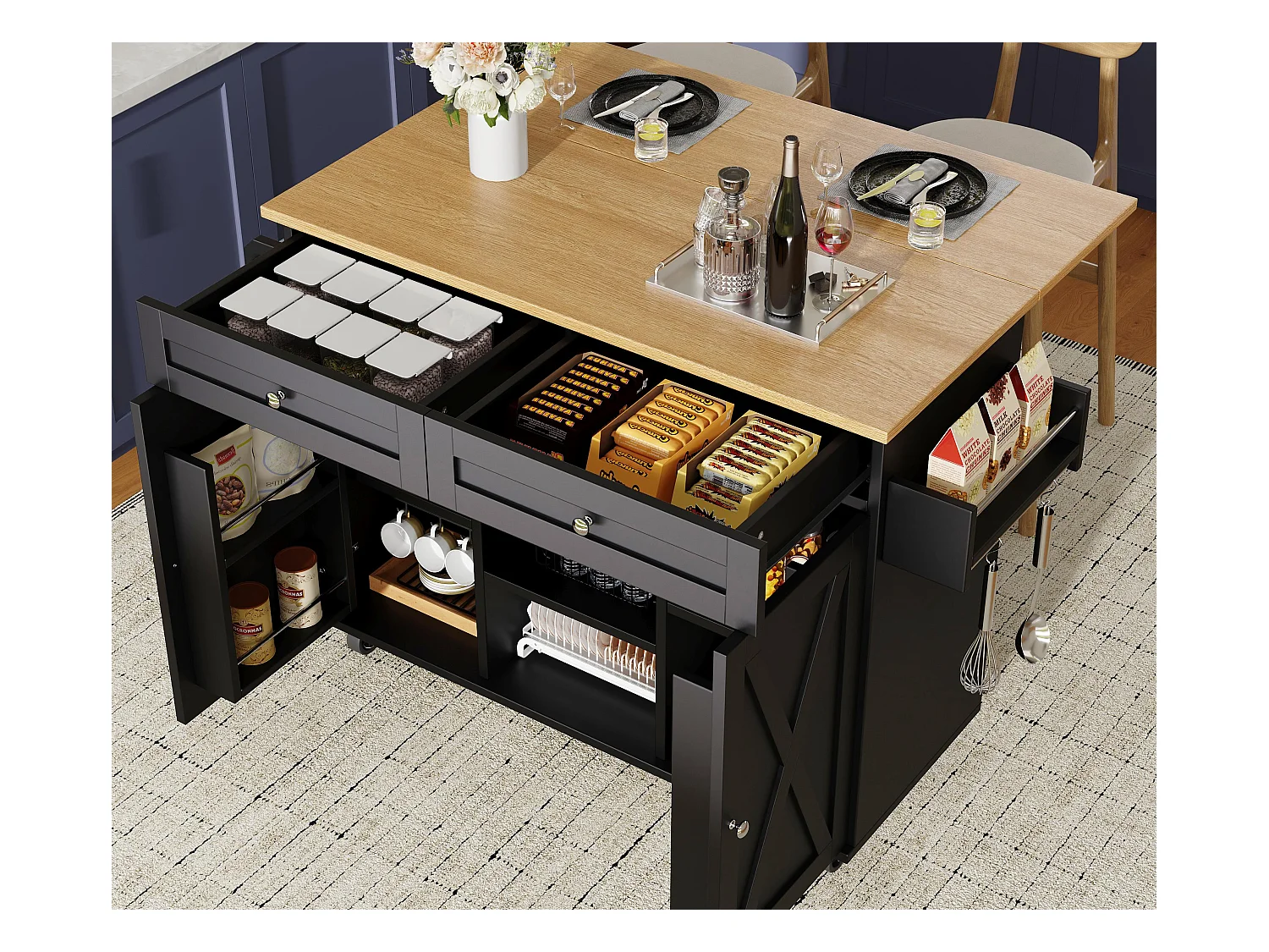 Ilot central de cuisine moderne 134x45.2x89cm - 2 tiroirs et 2 portes - plateau extensible - avec roulettes - noir
