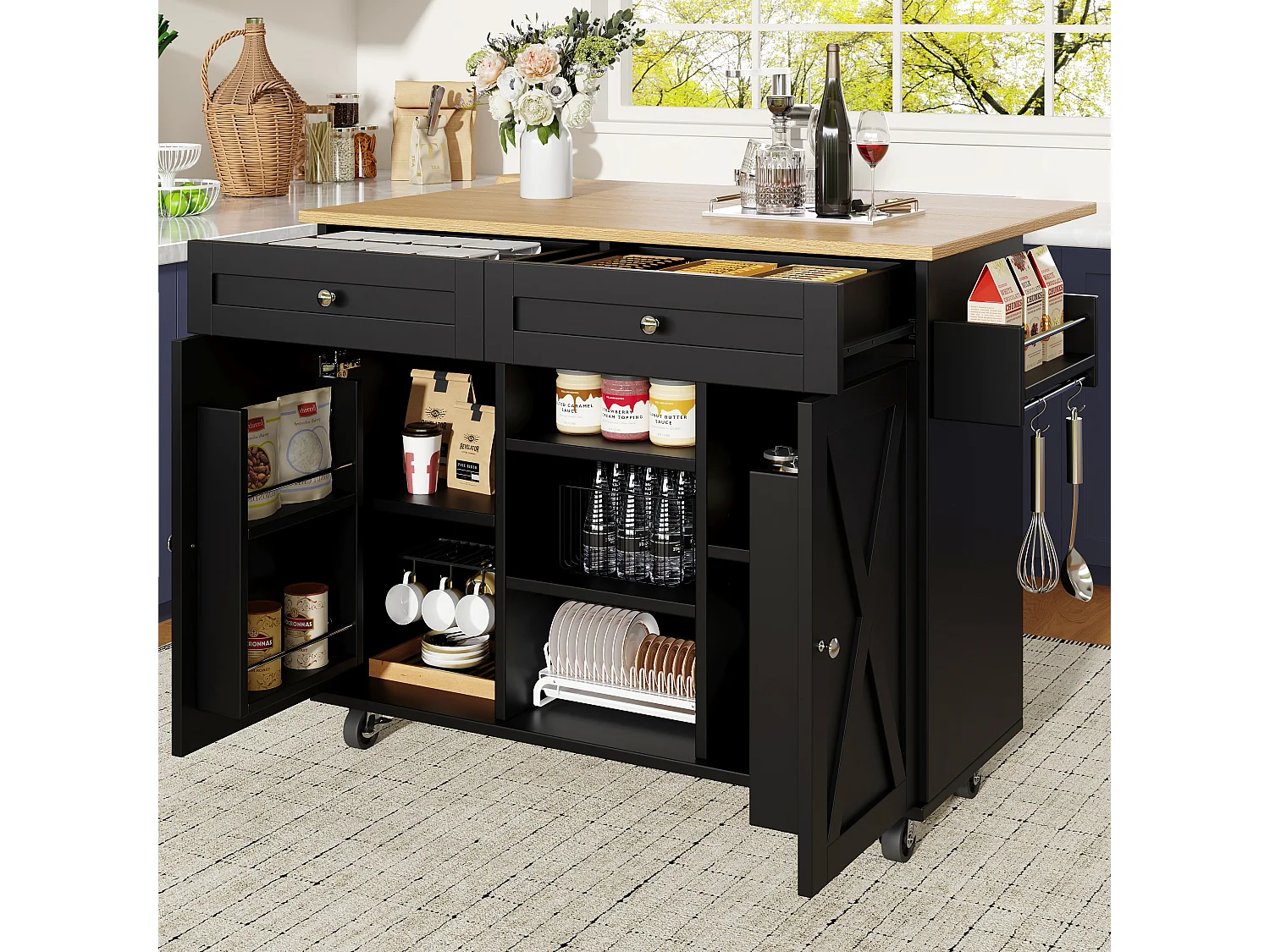 Ilot central de cuisine moderne 134x45.2x89cm - 2 tiroirs et 2 portes - plateau extensible - avec roulettes - noir