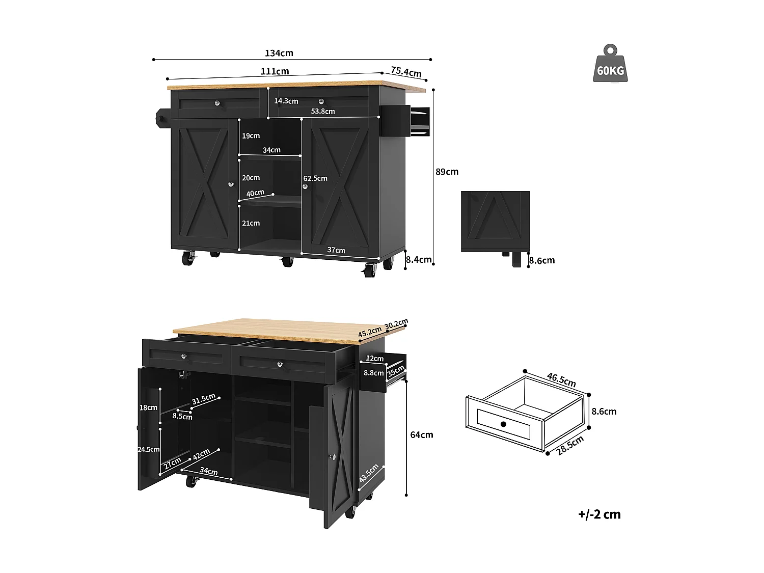 Ilot central de cuisine moderne 134x45.2x89cm - 2 tiroirs et 2 portes - plateau extensible - avec roulettes - noir