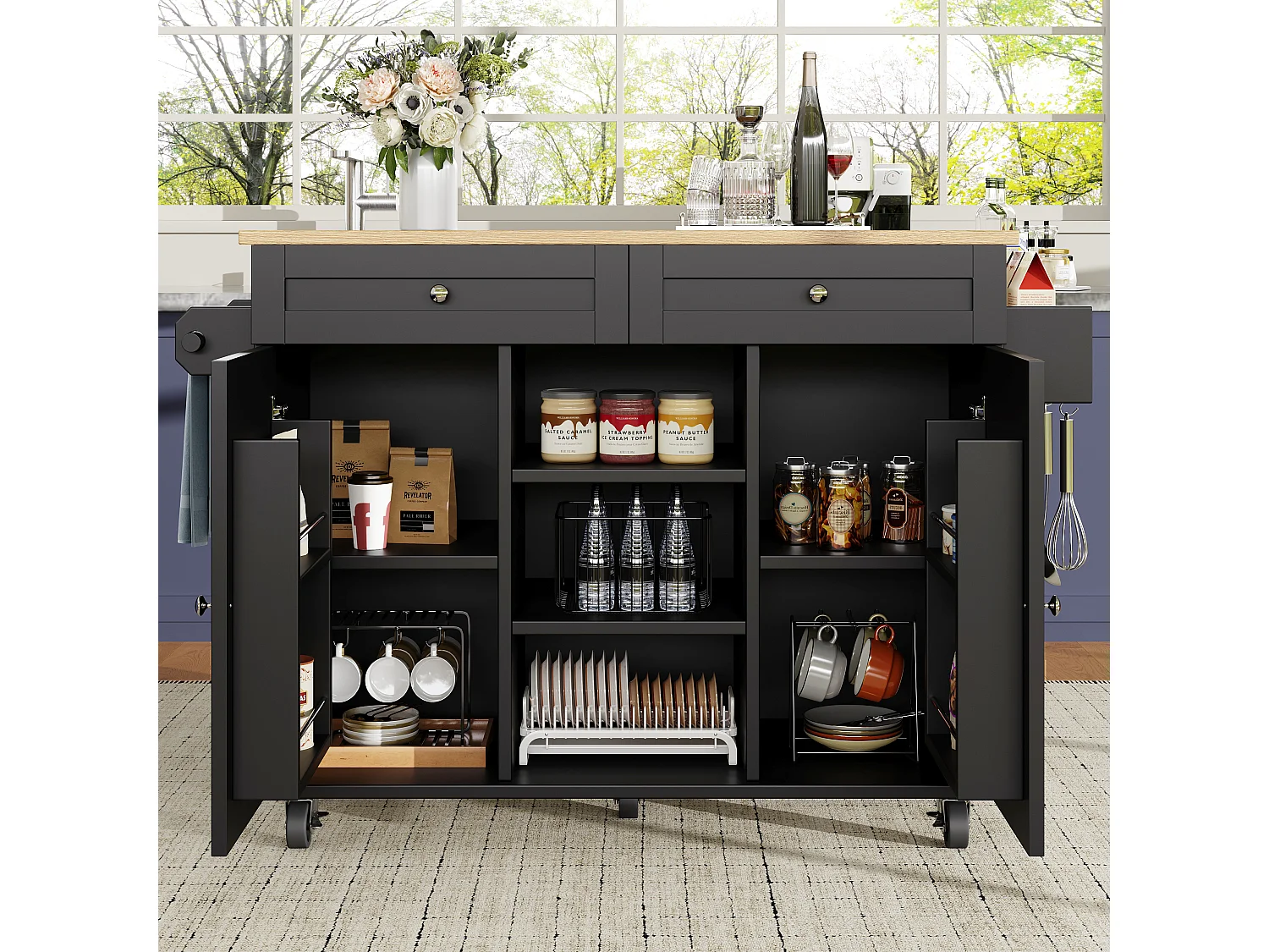 Ilot central de cuisine moderne 134x45.2x89cm - 2 tiroirs et 2 portes - plateau extensible - avec roulettes - noir