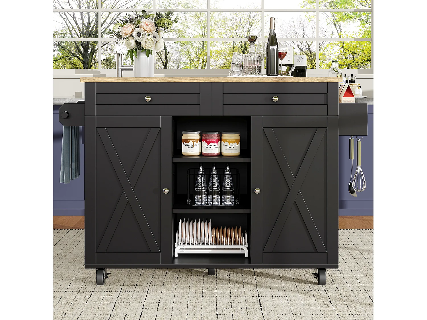 Ilot central de cuisine moderne 134x45.2x89cm - 2 tiroirs et 2 portes - plateau extensible - avec roulettes - noir