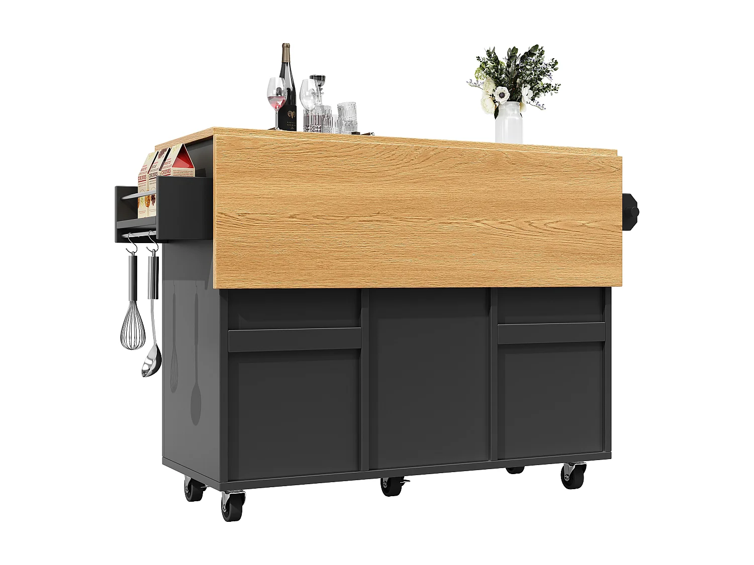 Ilot central de cuisine moderne 134x45.2x89cm - 2 tiroirs et 2 portes - plateau extensible - avec roulettes - noir