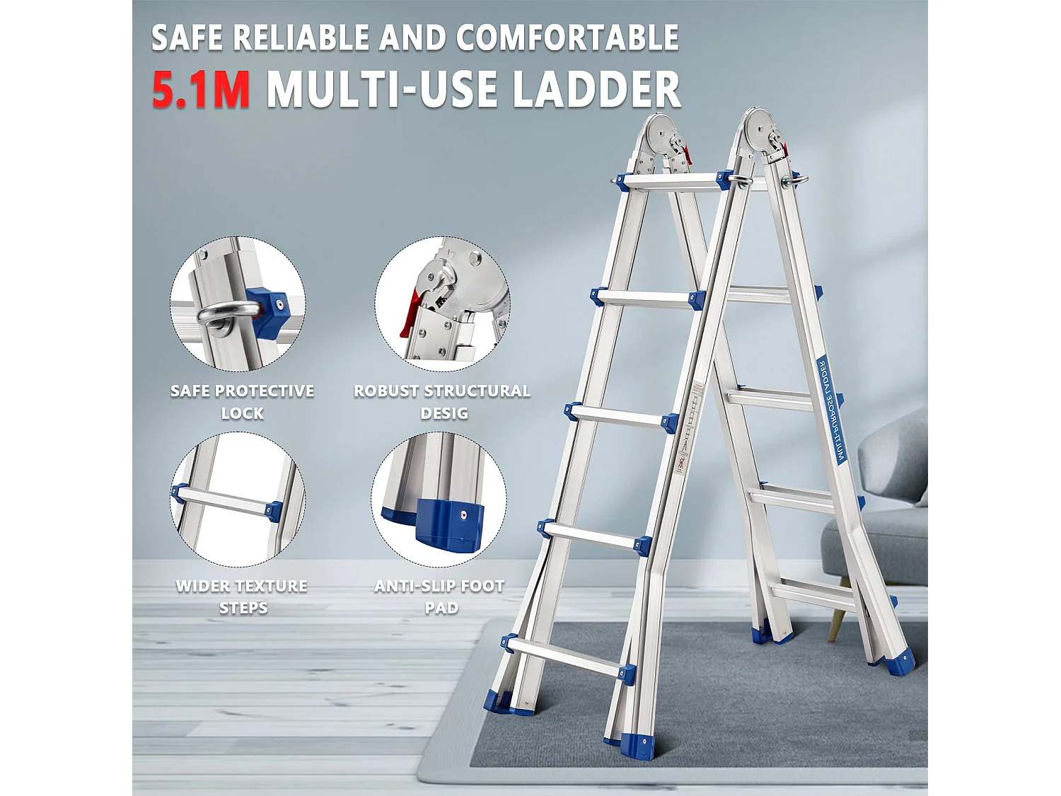 Aluminium Echelle télescopique 5.1 m, 3 en 1 Escalier articulé Pliable Télescopique Multifonction Aluminium 5 x 5 marches