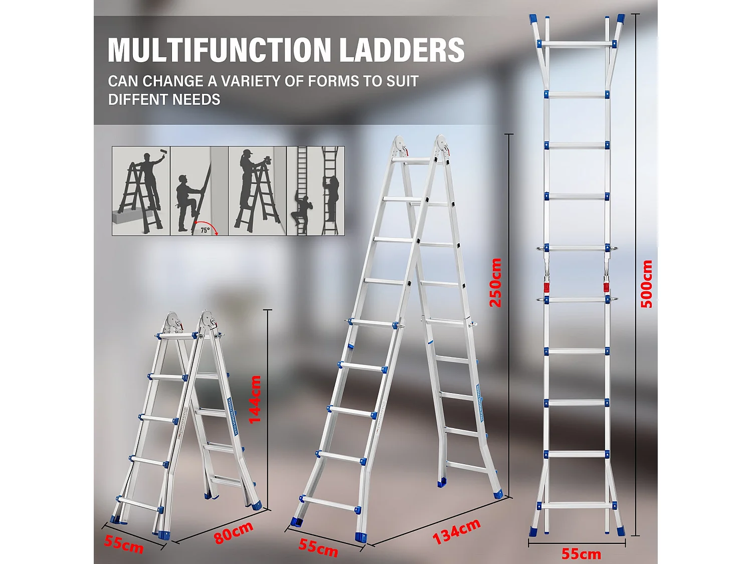 Aluminium Echelle télescopique 5.1 m, 3 en 1 Escalier articulé Pliable Télescopique Multifonction Aluminium 5 x 5 marches