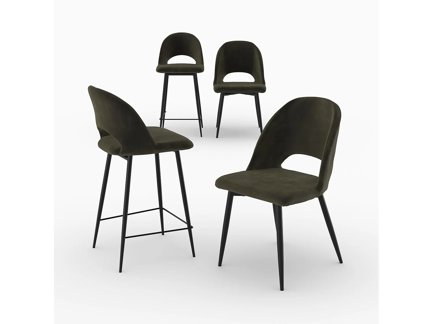 Pack 2 chaises et 2 chaises de bar 65 cm en velours vert - Pénélope