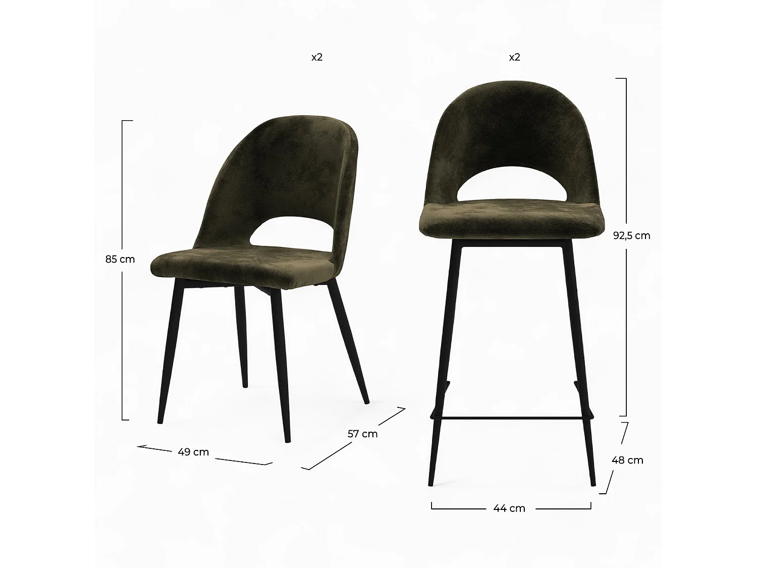 Pack 2 chaises et 2 chaises de bar 65 cm en velours vert - Pénélope
