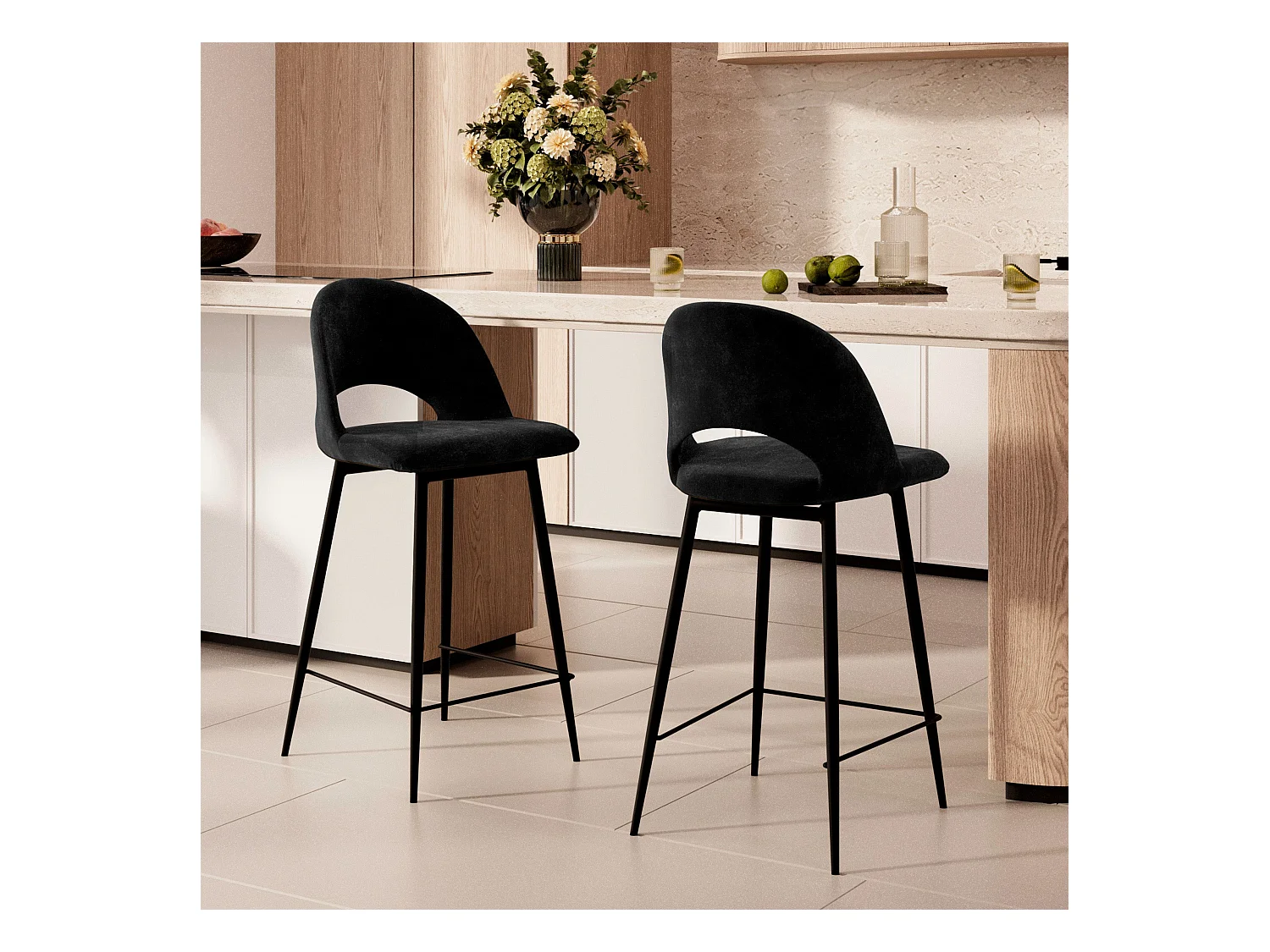 Pacchetto di 2 sedie e 2 sgabelli da bar 65 cm in velluto nero - Pénélope