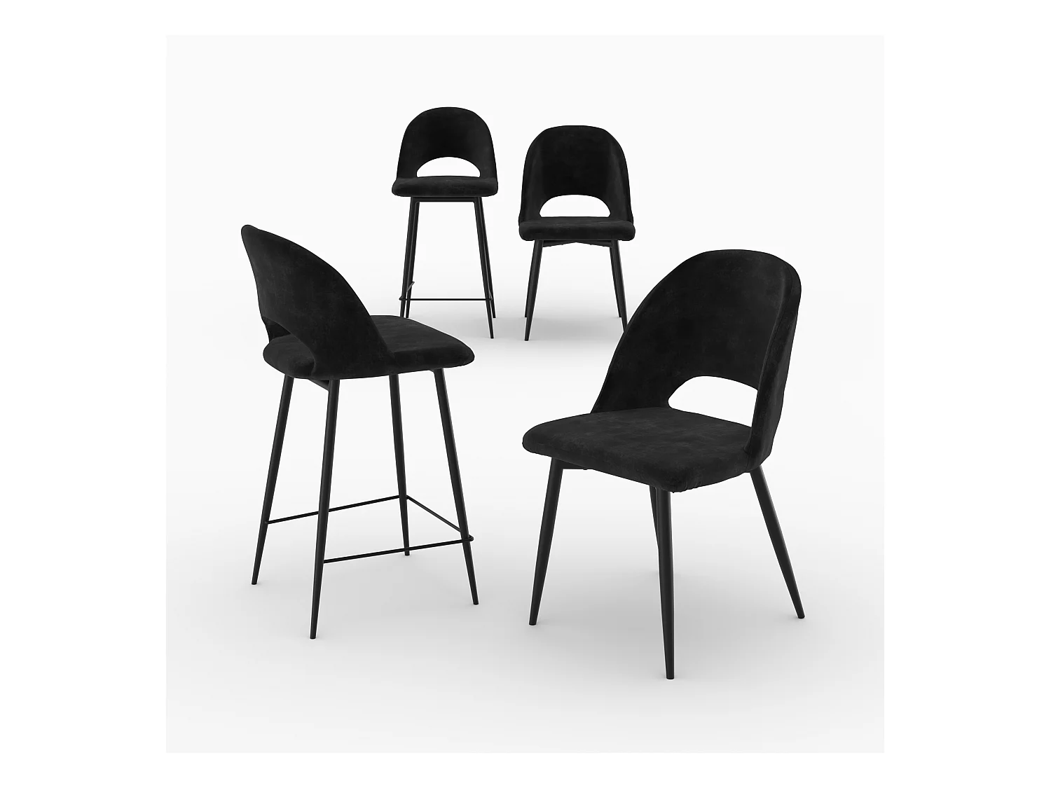 Pack 2 chaises et 2 chaises de bar 65 cm en velours noir - Pénélope