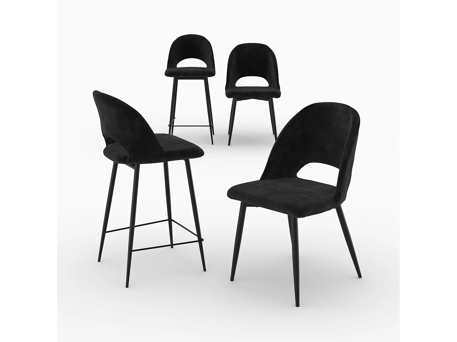 Pack de 2 sillas y 2 sillas de bar de 65 cm en terciopelo negro - Pénélope