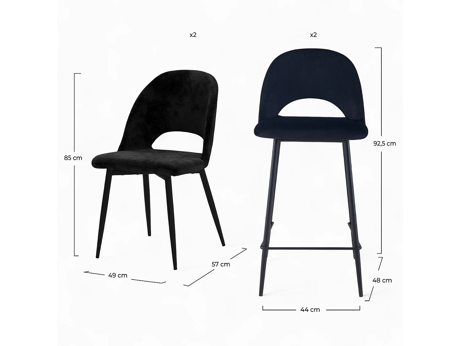 Pack 2 chaises et 2 chaises de bar 65 cm en velours noir - Pénélope