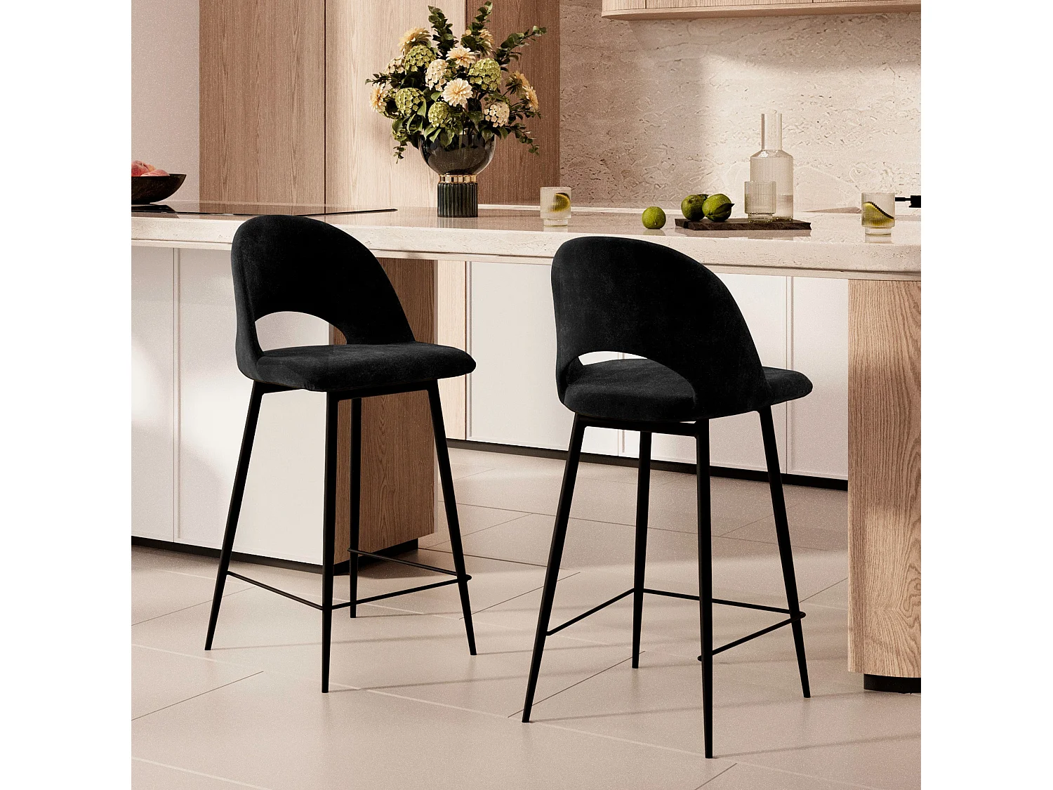 Pack 2 chaises et 2 chaises de bar 65 cm en velours noir - Pénélope