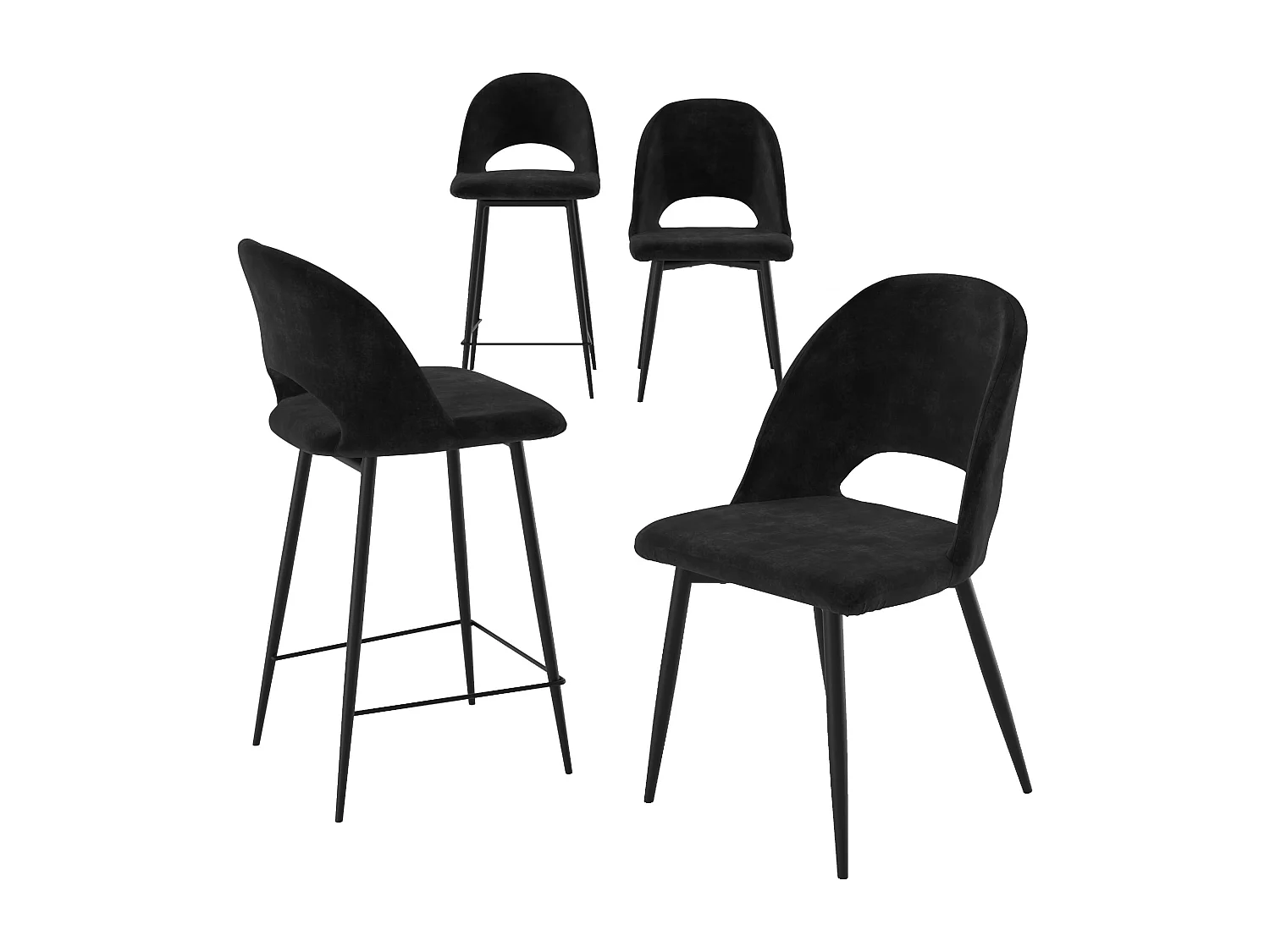Pack 2 chaises et 2 chaises de bar 65 cm en velours noir - Pénélope
