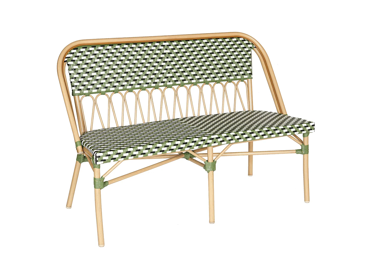 Banc de jardin style parisien en aluminium et rotin synthétique vert