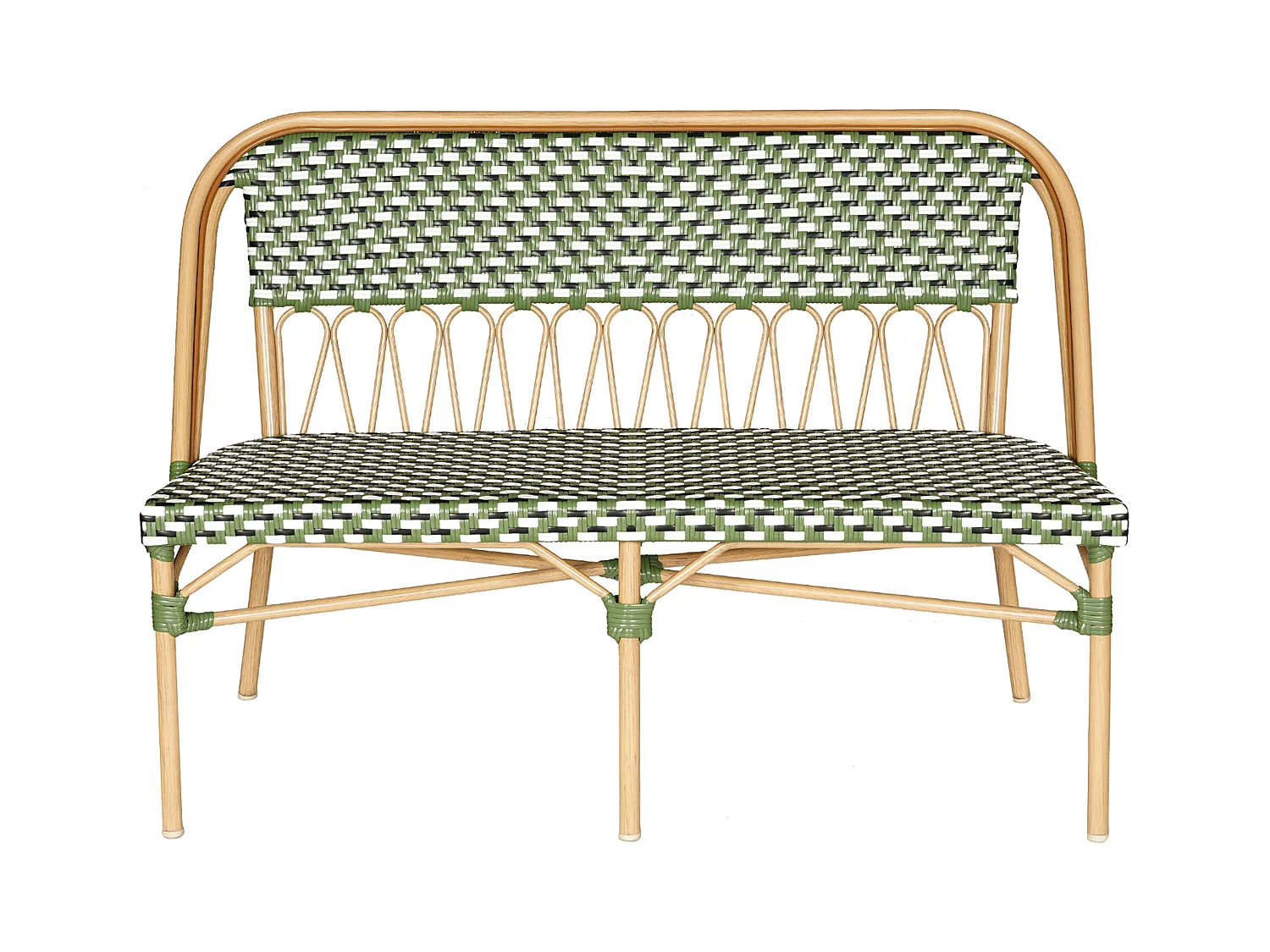 Banc de jardin style parisien en aluminium et rotin synthétique vert