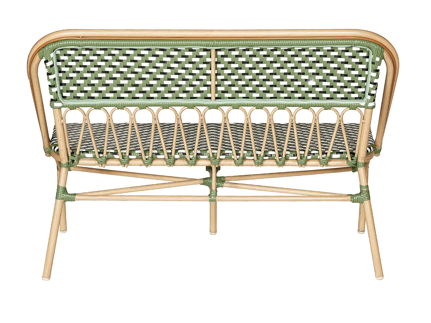 Banc de jardin style parisien en aluminium et rotin synthétique vert
