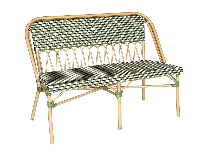 Banc de jardin style parisien en aluminium et rotin synthétique vert