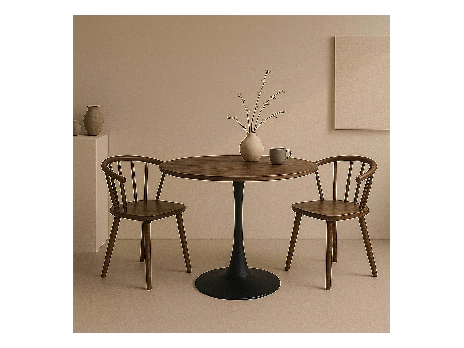 Table à manger ronde 4 personnes D100 cm bois foncé