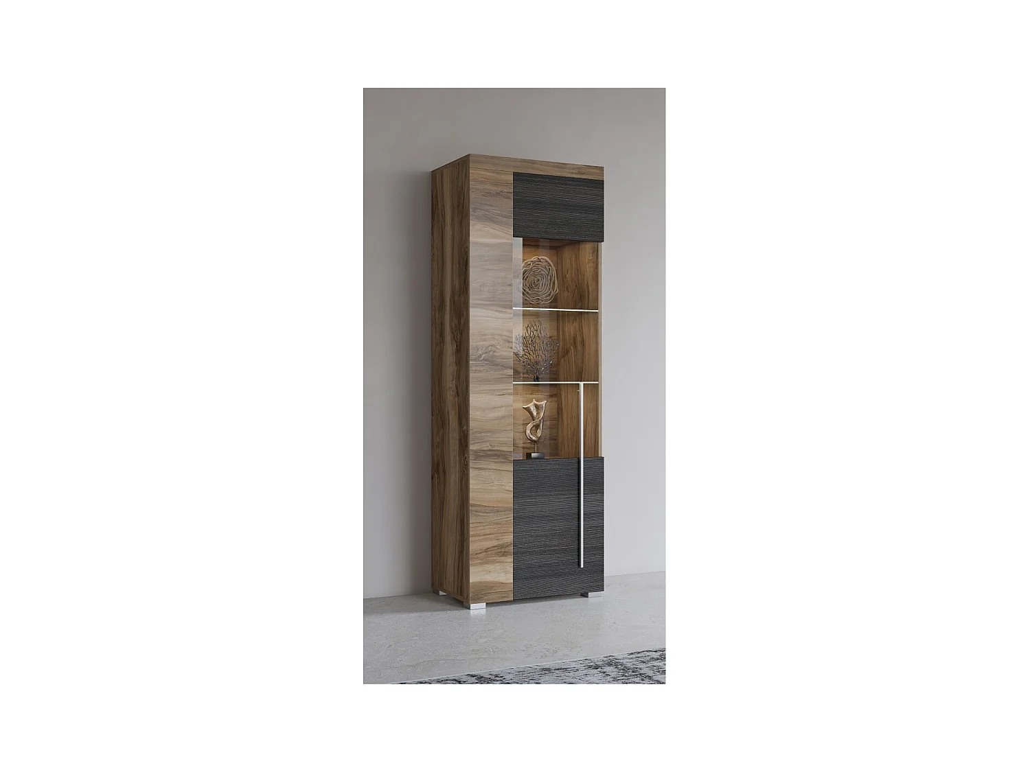 Vitrina 1 porta esquerda BRAZZA – Abertura direita – 5 nichos – Fachada vidrada nogueira acetinado