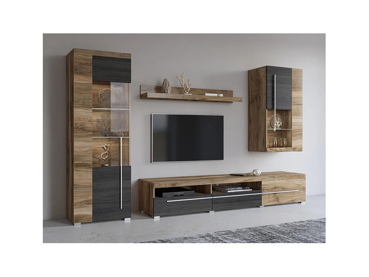 Vitrina 1 porta esquerda BRAZZA – Abertura direita – 5 nichos – Fachada vidrada nogueira acetinado