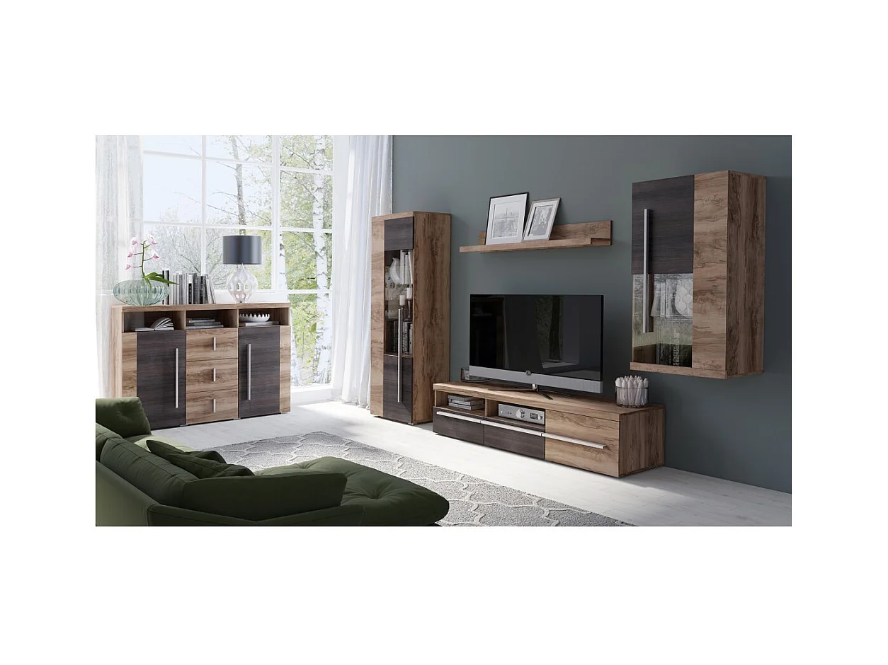 Vitrina 1 porta esquerda BRAZZA – Abertura direita – 5 nichos – Fachada vidrada nogueira acetinado