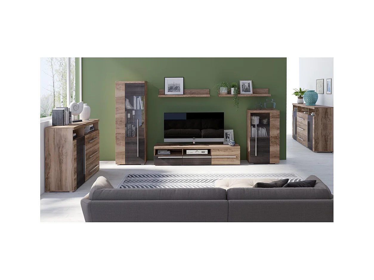 Vitrina 1 porta esquerda BRAZZA – Abertura direita – 5 nichos – Fachada vidrada nogueira acetinado