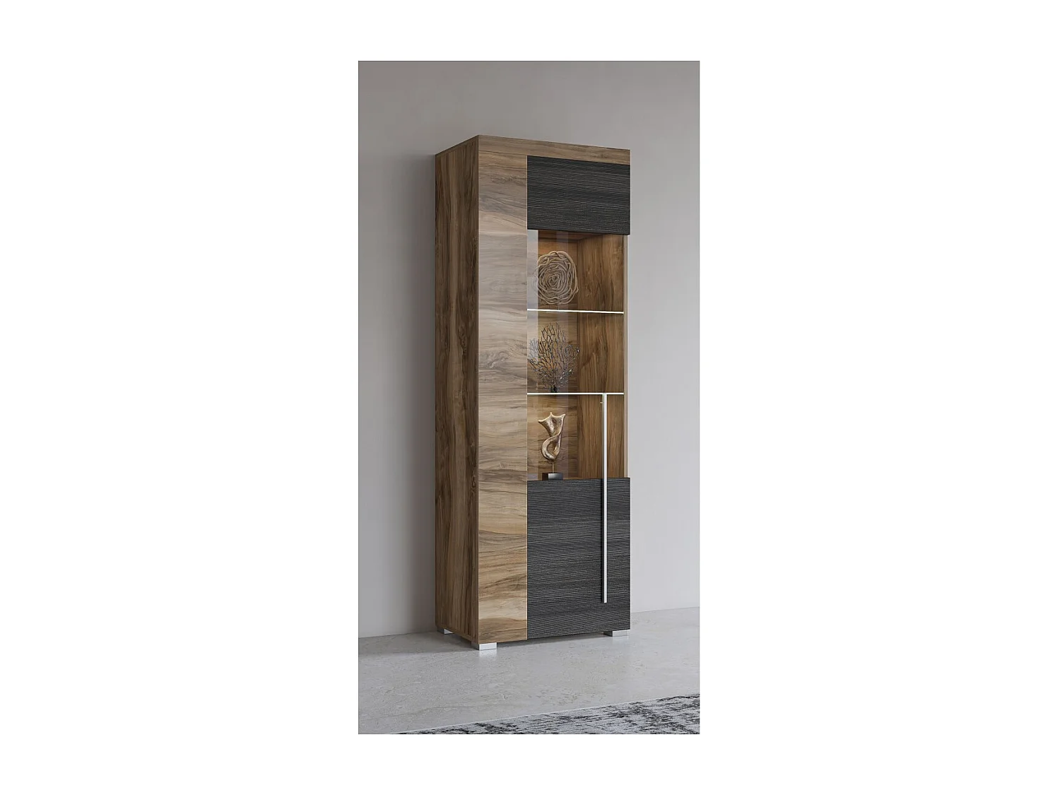 Vitrina 1 porta esquerda BRAZZA – Abertura direita – 5 nichos – Fachada vidrada nogueira acetinado