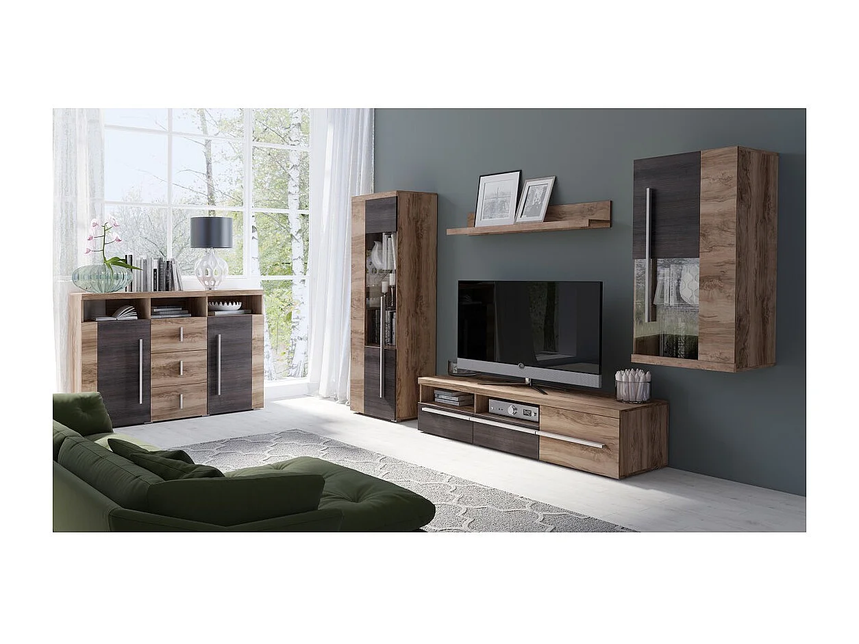 Vitrina 1 porta esquerda BRAZZA – Abertura direita – 5 nichos – Fachada vidrada nogueira acetinado