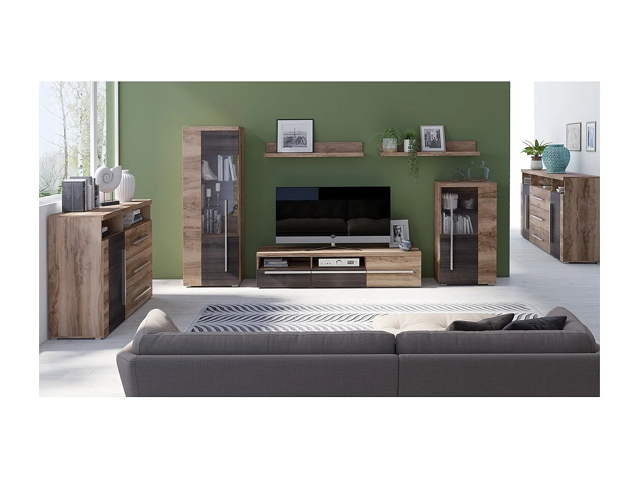 Vitrina 1 porta esquerda BRAZZA – Abertura direita – 5 nichos – Fachada vidrada nogueira acetinado