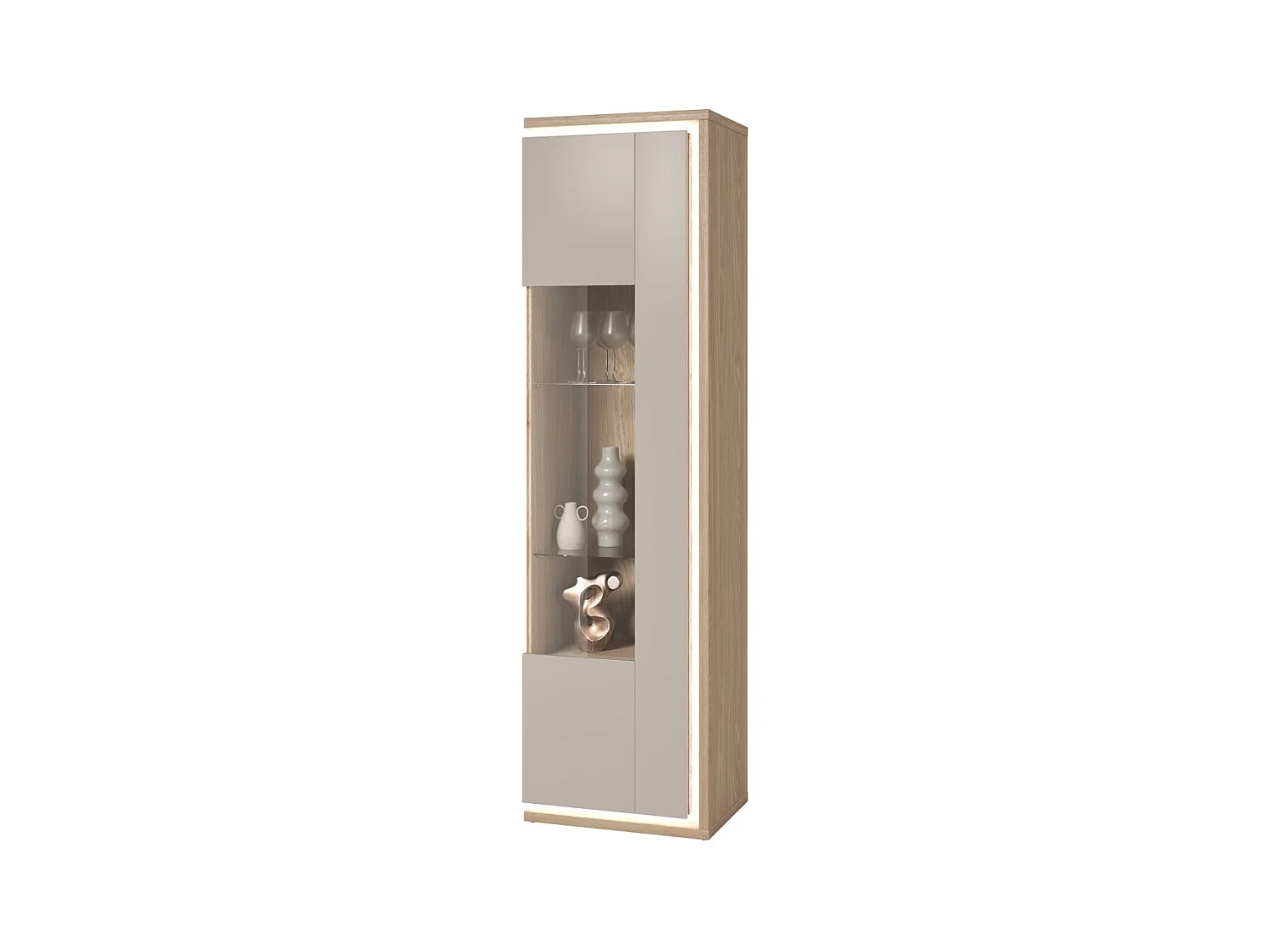 Vitrina alta JULIA 1 porta – Carvalho oleado e bege cashmere com iluminação LED integrada