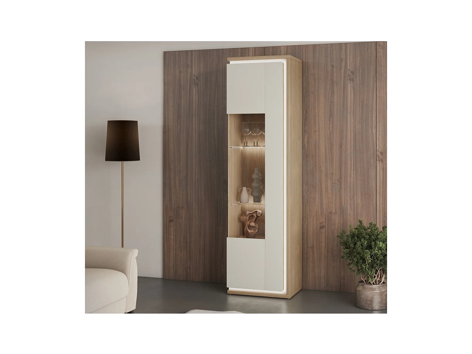 Vitrina alta JULIA 1 porta – Carvalho oleado e bege cashmere com iluminação LED integrada