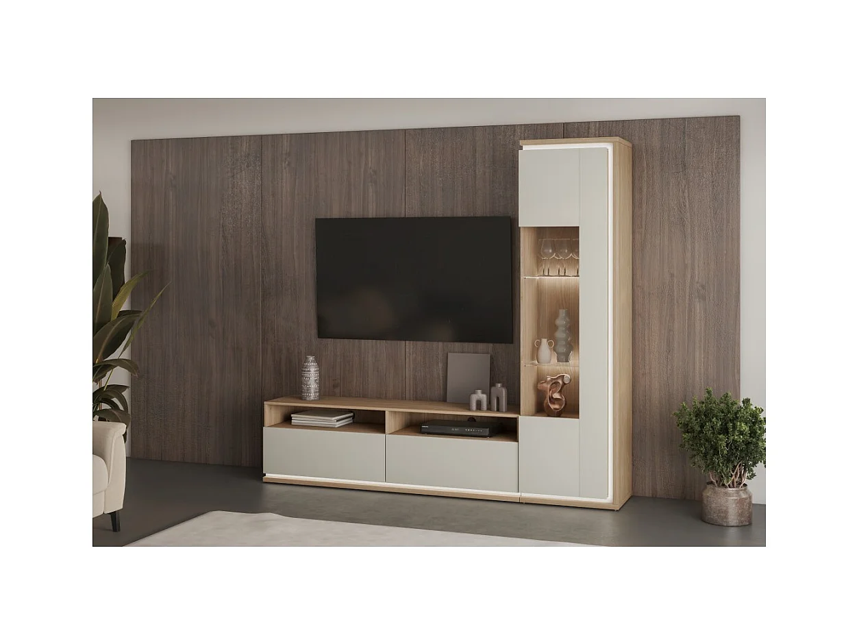 Vitrina alta JULIA 1 porta – Carvalho oleado e bege cashmere com iluminação LED integrada