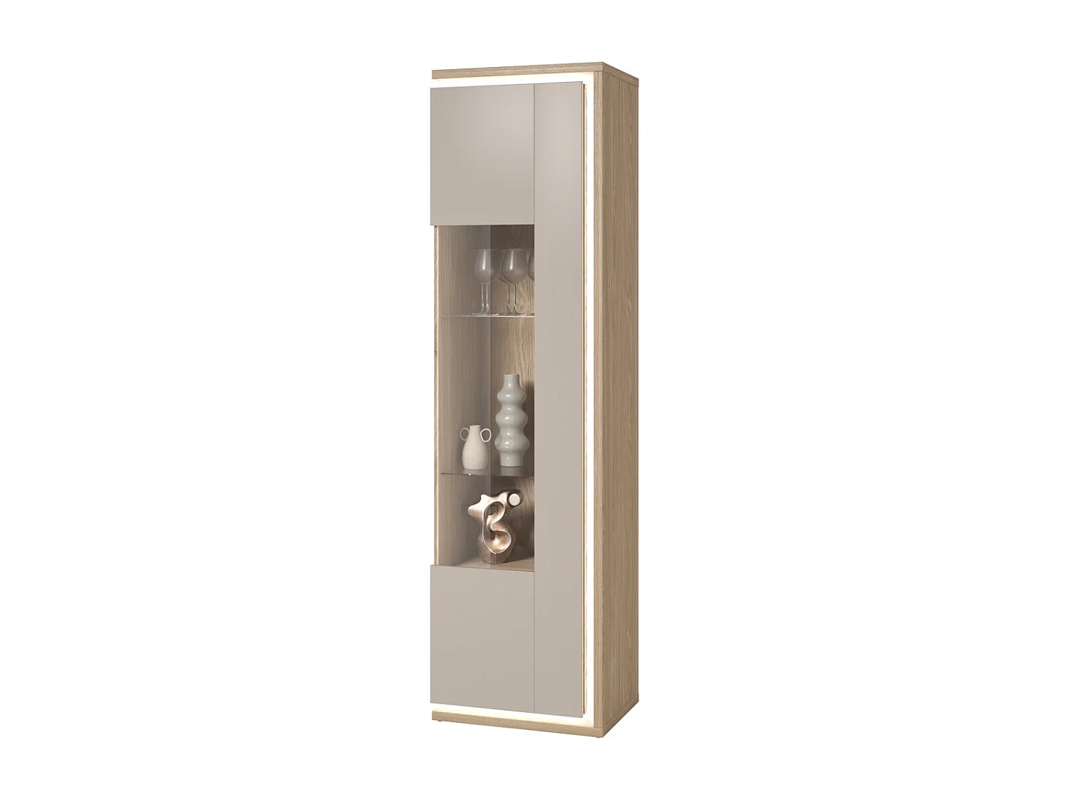 Vitrina alta JULIA 1 porta – Carvalho oleado e bege cashmere com iluminação LED integrada