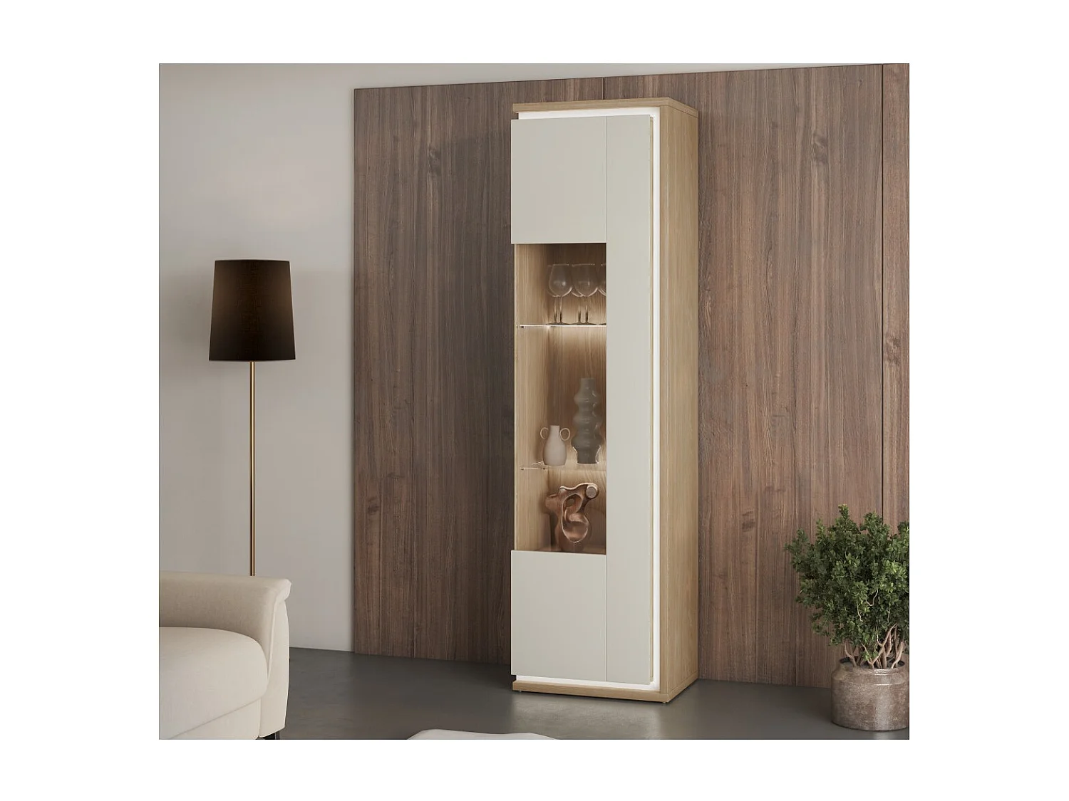 Vitrina alta JULIA 1 porta – Carvalho oleado e bege cashmere com iluminação LED integrada
