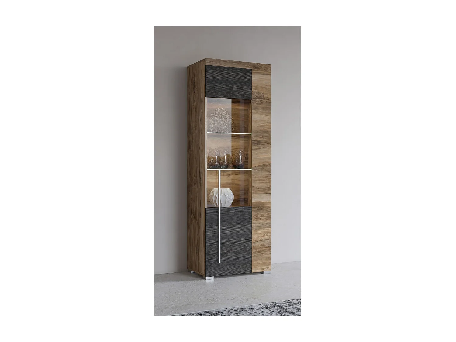 Vitrina 1 puerta izquierda BRAZZA – Apertura derecha – 5 compartimentos – Frente acristalado nogal satinado