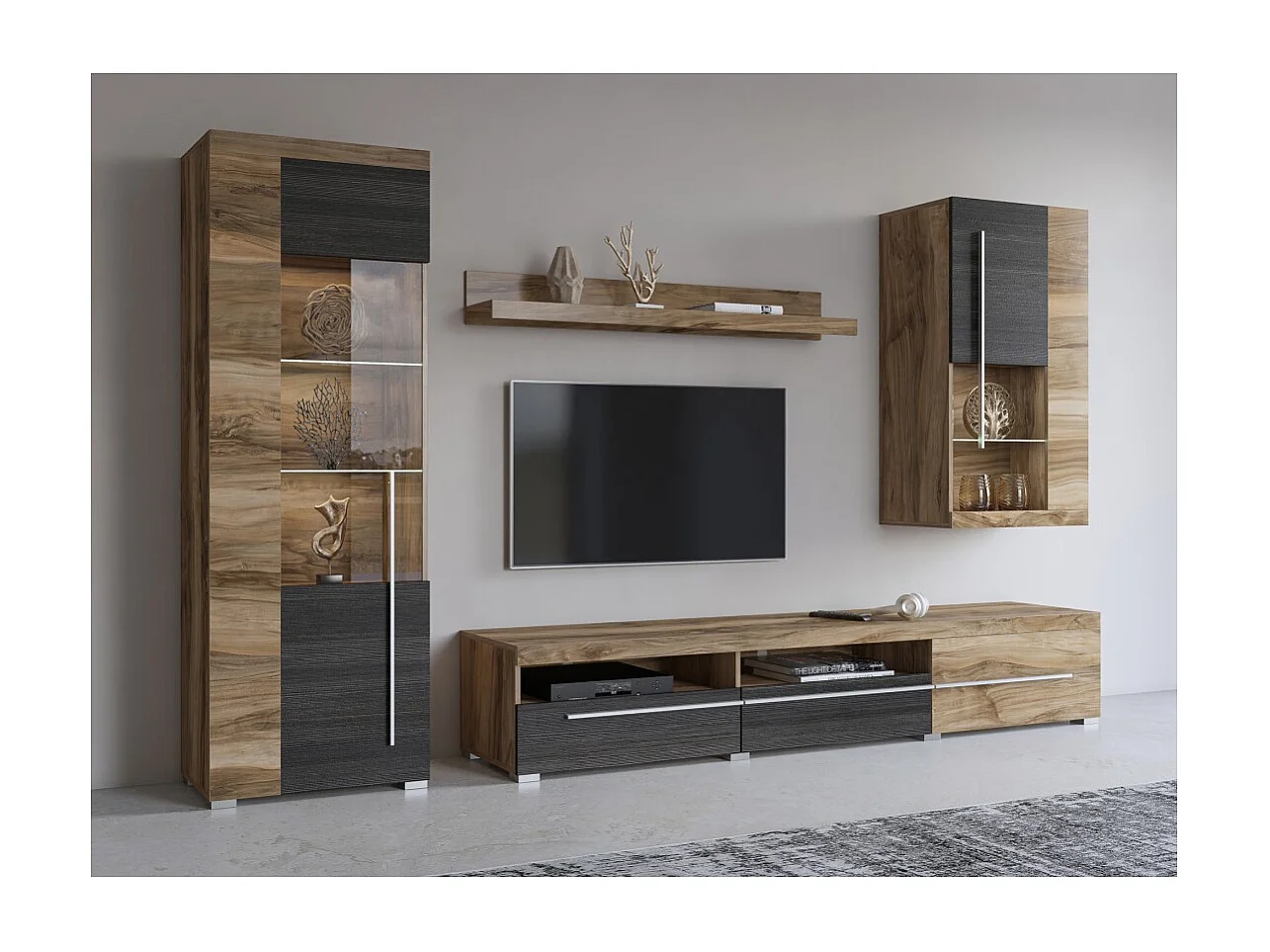 Vitrina 1 puerta izquierda BRAZZA – Apertura derecha – 5 compartimentos – Frente acristalado nogal satinado