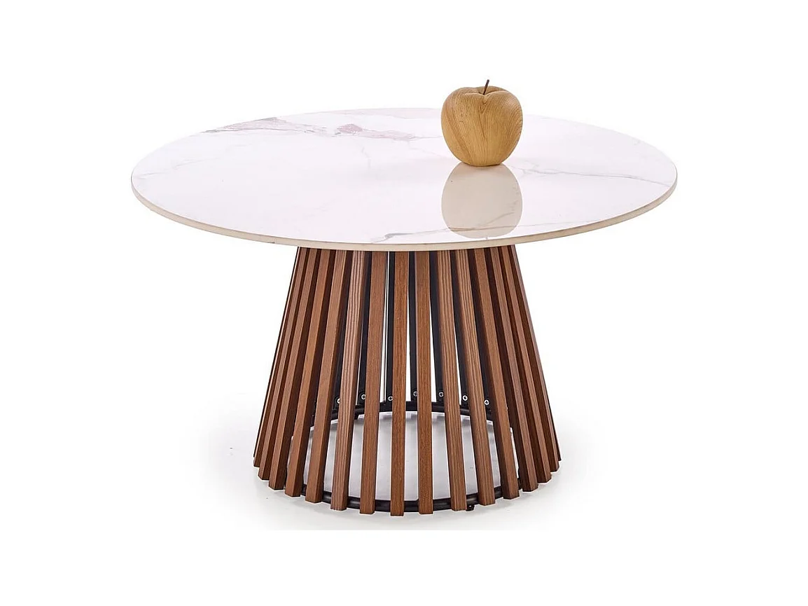 Table basse ronde aspect marbre 80 cm avec pied plaqué noyer KAREN