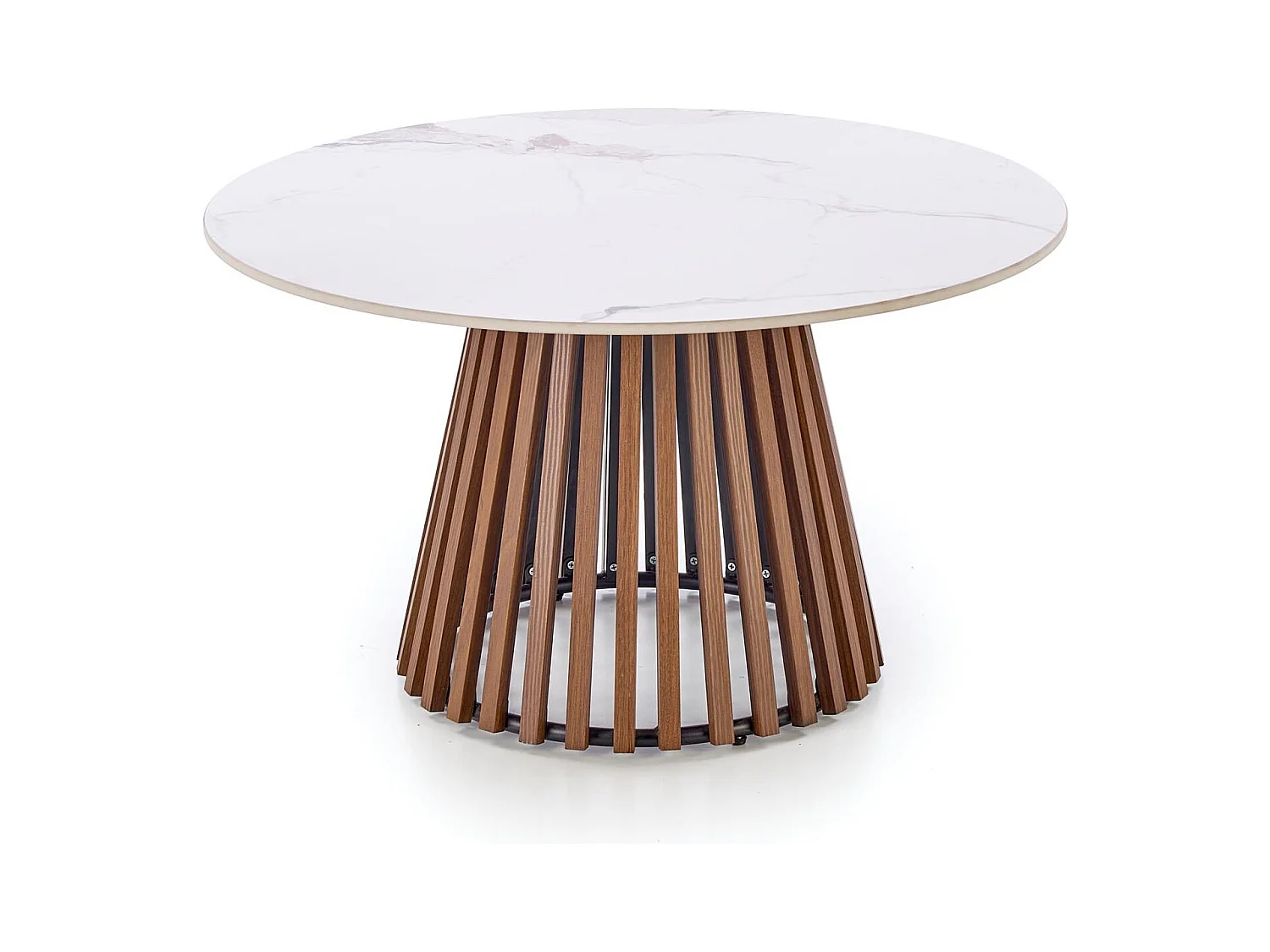 Table basse ronde aspect marbre 80 cm avec pied plaqué noyer KAREN