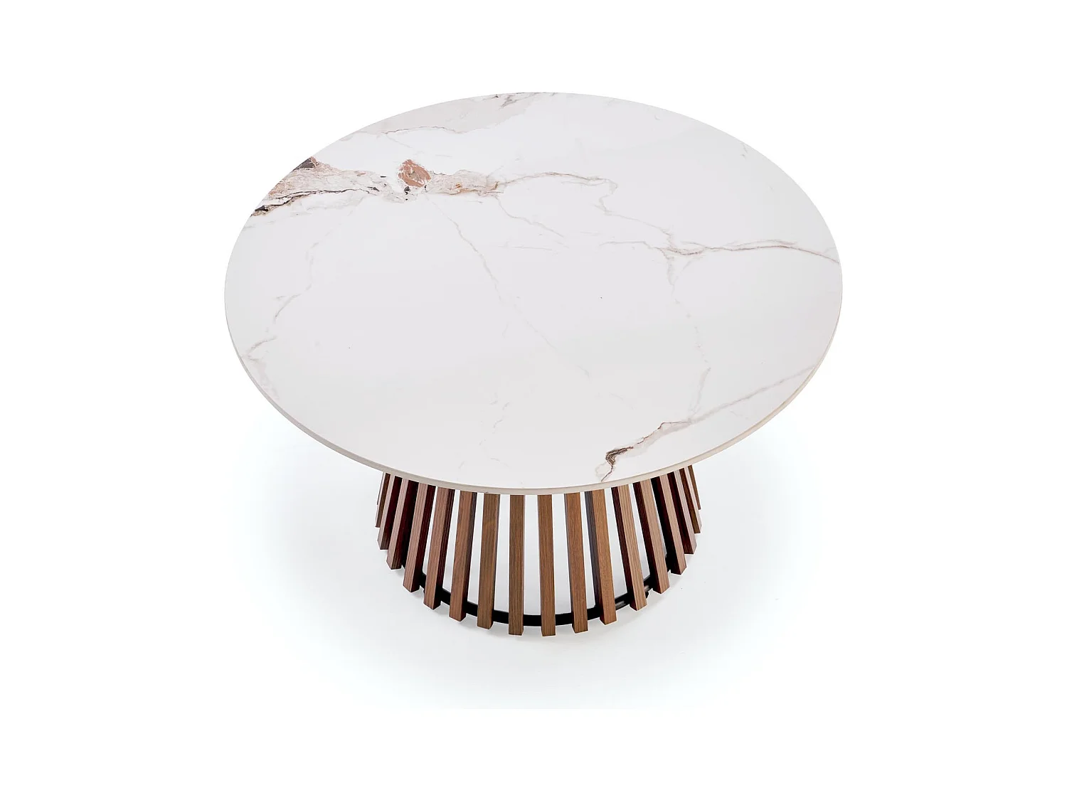 Table basse ronde aspect marbre 80 cm avec pied plaqué noyer KAREN