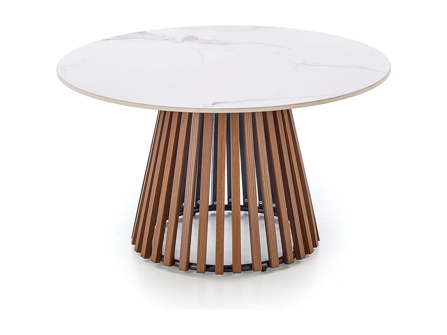 Table basse ronde aspect marbre avec pied plaqué noyer KAREN