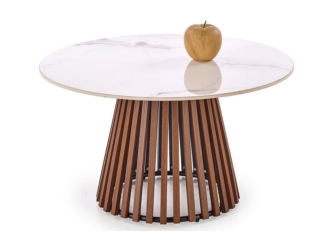 Table basse ronde aspect marbre 80 cm avec pied plaqué noyer KAREN